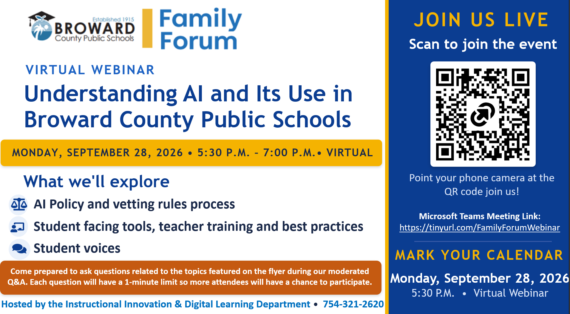Family Forum flyer: Understanding AI and Its Use in Broward County Public Schools, Monday, September 28, 2026